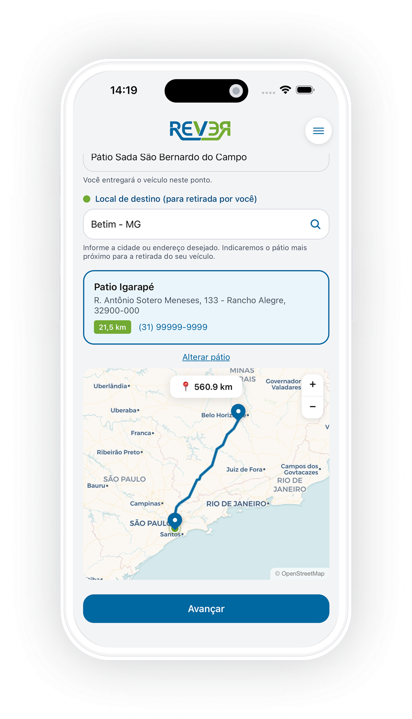 Aplicativo Rever mostrando rota de transporte de veículo no mapa